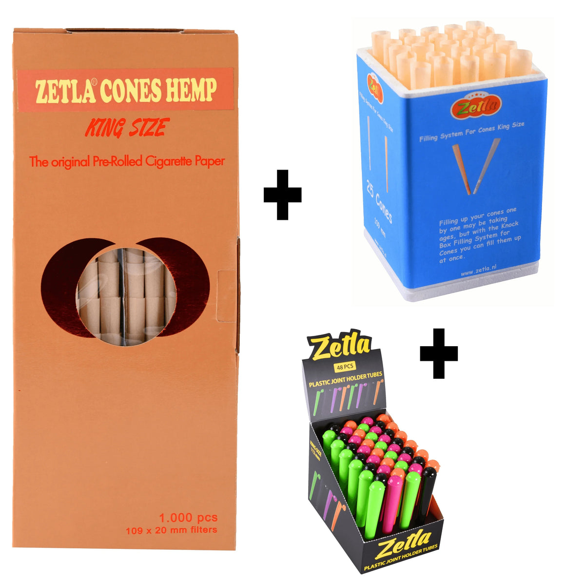 Pre Rolled Cones Zetla Hemp King Size (1000 Pcs) + Joint Tubes Zetla (48 Pcs) + Knock Box 25 - Zetla