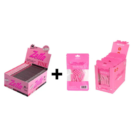Zetla Rolling Papers Pink King Size Slim (50 Packs) + ZETLA ACTIVE FILTER SLIM PINK ( 33 Filters Per 1 Pack / 10 Packs Per Display)