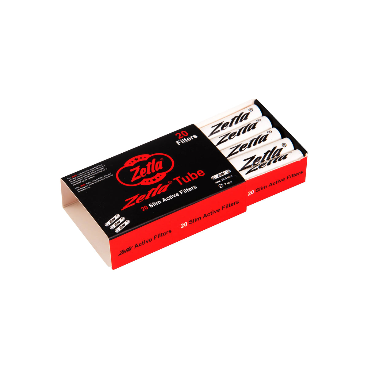 Front View of opened  Zetla Slim Activated Carbon Filters – 20 joint tips, 7 mm size in Black.