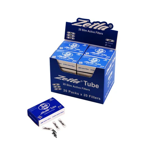 Frontview of box full of Zetla Slim Activated Carbon Filters – 20 joint tips, 7 mm size in blue
