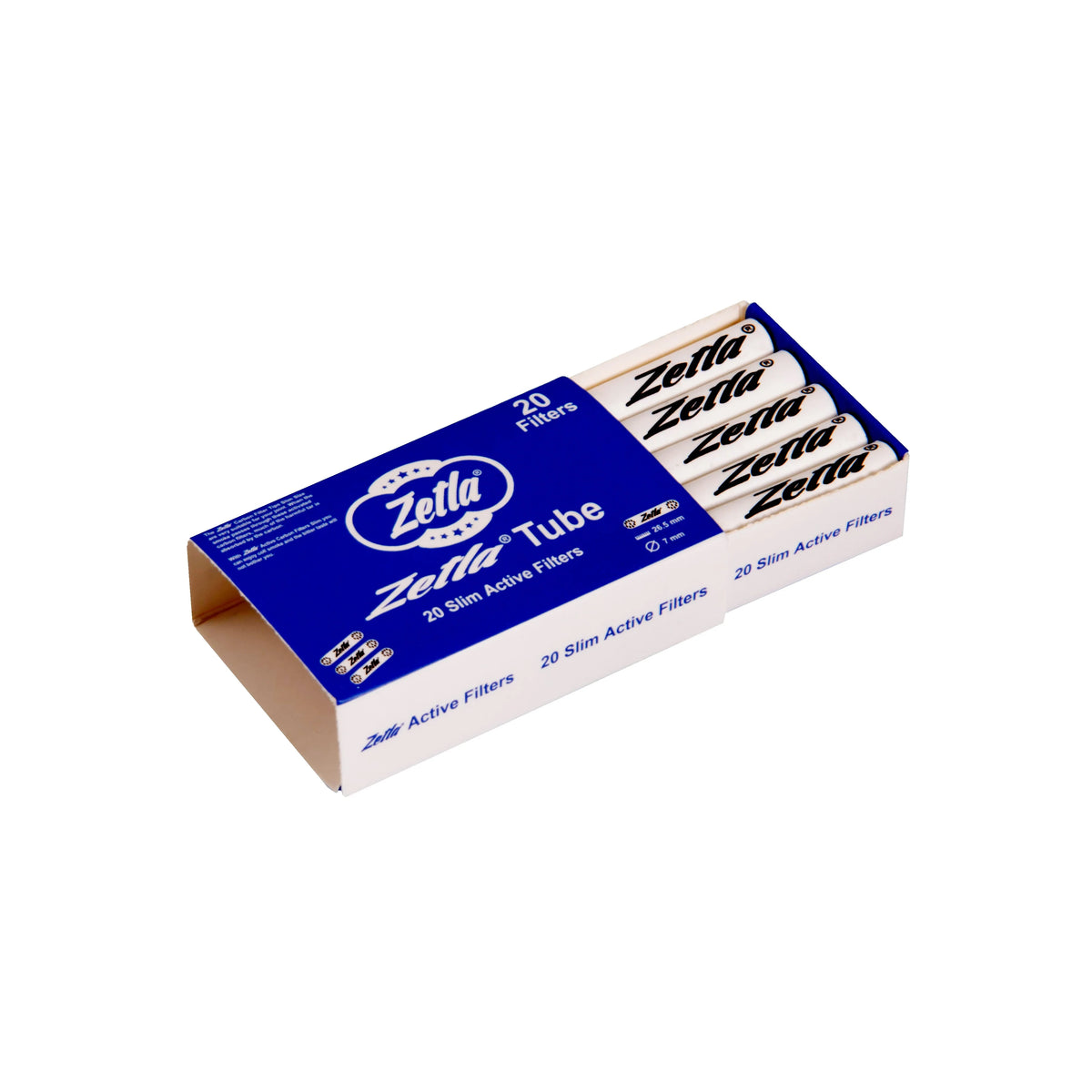 Frontview of opened Zetla Slim Activated Carbon Filters – 20 joint tips, 7 mm size in blue
