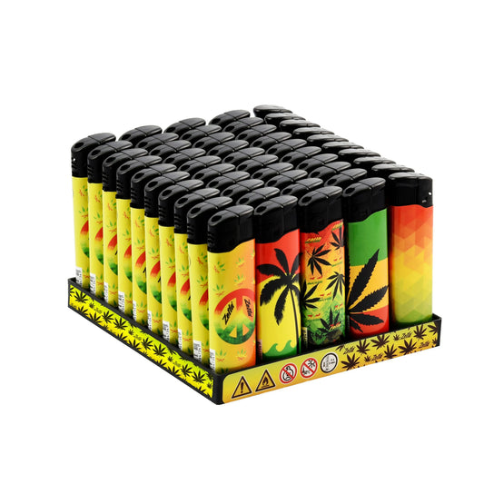 Frontview Zetla Click Lighters The Cities – Bulk pack of 50 push button lighters with city-themed design and adjustable flame